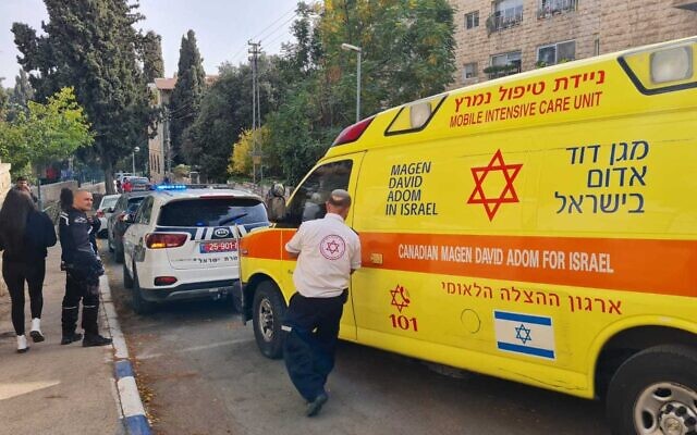 Police and paramedics at scene of a shooting in Jerusalem on November 14, 2021. (Magen David Adom)
