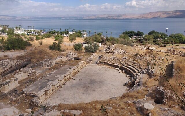 A huge ancient Roman theater unearthed in Tiberias lies neglected, October 19, 2021. (Michael Bachner/Times of Israel)