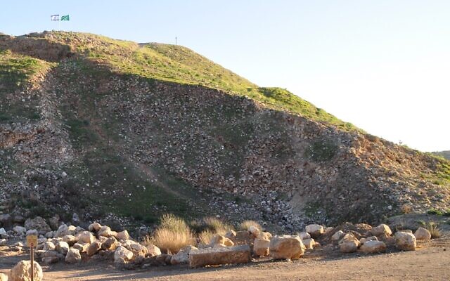 An undated photo of the Assyrian ramp at Lachish, constructed using 3 million stones. (Yosef Garfinkel/courtesy)