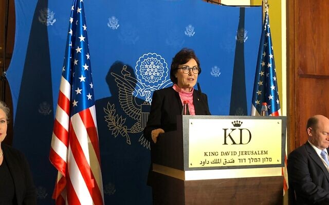 Sen. Jacky Rosen (D-NV) speaks to reporters in Jerusalem, November 10, 2021 (Lazar Berman, Times of Israel) Sen. Jacky Rosen (D-NV) speaks to reporters in Jerusalem, November 10, 2021 (Lazar Berman, Times of Israel)