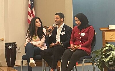 Activists Chama Mechtaly of Morocco (L), Omar Al-Busaidy of the UAE (C), and Fatema AlHarbi of Bahrain (R) speak during a tour of California organized by Sharaka, November 2021 (Sharaka)
