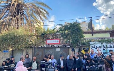 Palestinian families and media gather in Sheikh Jarrah after residents reject an Israeli Supreme Court proposal that could stave off evictions on Tuesday, November 2, 2021 (Aaron Boxerman/The Times of Israel) Palestinian families and media gather in Sheikh Jarrah after residents reject an Israeli Supreme Court proposal that could stave off evictions on Tuesday, November 2, 2021 (Aaron Boxerman/The Times of Israel)