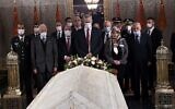 Defense Minister Benny Gantz, center, visits the Tomb of Moroccan King Muhammad V in Rabat on November 24, 2021. (Defense Ministry)