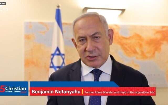 Former prime minister Benjamin Netanyahu speaks to the 5th annual Christian Media Summit, on November 11, 2021. (Screenshot) Former prime minister Benjamin Netanyahu speaks to the 5th annual Christian Media Summit, on November 11, 2021. (Screenshot)