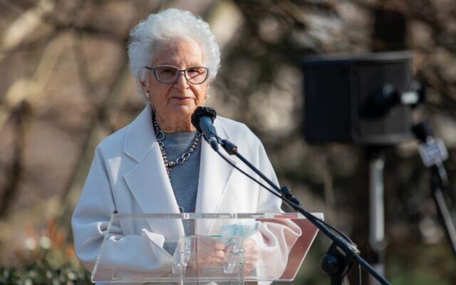 Liliana Segre speaks at a ceremony in Milan, Italy, honoring the rescuers of Jews during the Holocaust, on March 5, 2021. (Alessandro Bremec/NurPhoto via Getty Images via JTA) Liliana Segre speaks at a ceremony in Milan, Italy, honoring the rescuers of Jews during the Holocaust, on March 5, 2021. (Alessandro Bremec/NurPhoto via Getty Images via JTA)