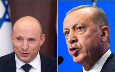 Prime Minister Naftali Bennett (L) and Turkish President Recep Tayyip Erdogan. (Composite/AP)