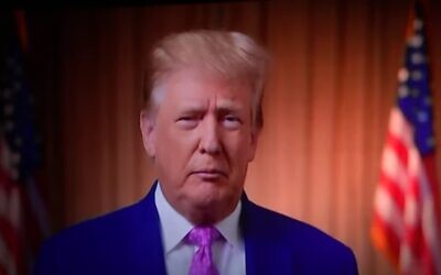 Donald Trump in a pre-recorded video appearance screened at the RJC convention in Las Vegas on November 6, 2021. (Screen capture: YouTube)
