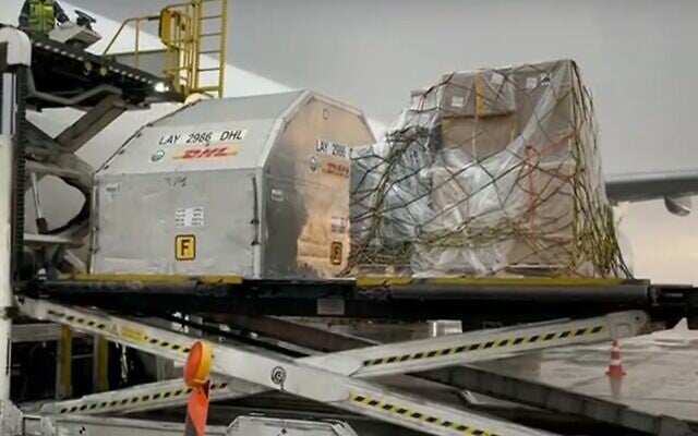 The first shipment of child-sized Pfizer COVID vaccines arrives at Ben Gurion Airport, November 20, 2021 (Screen grab/Kan) The first shipment of child-sized Pfizer COVID vaccines arrives at Ben Gurion Airport, November 20, 2021 (Screen grab/Kan)