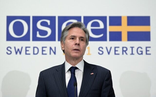 US Secretary of State Antony Blinken addresses a press conference during a ministerial council meeting of the Organization for Security and Co-operation in Europe, in the Swedish capital of Stockholm, on December 2, 2021. (Jonathan Nackstrand/Pool/AFP) US Secretary of State Antony Blinken addresses a press conference during a ministerial council meeting of the Organization for Security and Co-operation in Europe, in the Swedish capital of Stockholm, on December 2, 2021. (Jonathan Nackstrand/Pool/AFP)