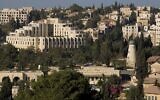 The Jerusalem neighborhood of Talbieh, viewed from the Old City of Jerusalem.  (Pinybal, CC BY-SA 3.0, Wikimedia  Commons). The Inbal Hotel can be seen in the foreground.