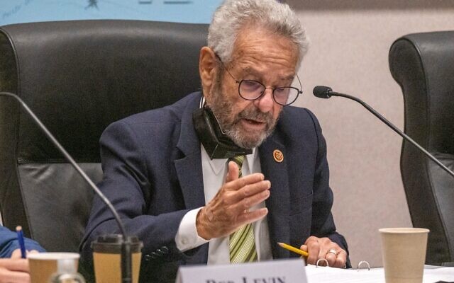 Alan Lowenthal participates in a joint hearing by the House National Resources Subcommittee on Oversight and Investigations and the House Natural Resources Subcommittee on Energy and Mineral Resources, in Irvine, California, on October 18, 2021. (Francine Orr/Los Angeles Times via JTA) Alan Lowenthal participates in a joint hearing by the House National Resources Subcommittee on Oversight and Investigations and the House Natural Resources Subcommittee on Energy and Mineral Resources, in Irvine, California, on October 18, 2021. (Francine Orr/Los Angeles Times via JTA)