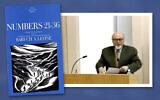Baruch Levine speaks at Yale Divinity School in October 2004. At left is his commentary on the book of Numbers. (YouTube; Yale University Press via JTA)