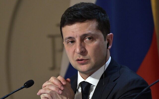 Ukrainian President Volodymyr Zelensky gives a news conference at the Elysee Palace in Paris, December 9, 2019. (Alexei Nikolsky/TASS/Getty Images via JTA) Ukrainian President Volodymyr Zelensky gives a news conference at the Elysee Palace in Paris, December 9, 2019. (Alexei Nikolsky/TASS/Getty Images via JTA)
