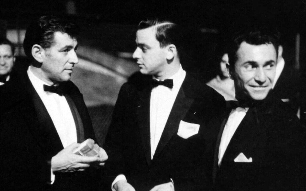 The Jewish creators of 'West Side Story,' Leonard Bernstein, Stephen Sondheim and Arthur Laurents, on the opening night of the original Broadway musical, on September 26, 1957. (Ben Martin/Getty Images/ via JTA)