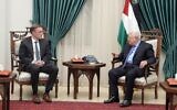 Palestinian Authority President Mahmoud Abbas (R) meets with US National Security Adviser Jake Sullivan in the West Bank city of Ramallah, December 22, 2021. (Wafa)