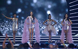 Nandita Banna, Miss Singapore, Veronika Ščepánková, Miss Slovak Republic, Lalela Mswane, Miss South Africa and Sarah Loinaz, Miss Spain, take part in the preliminary competition of the Miss Universe pageant in Eilat on December 10, 2021. (Benjamin Askinas/Miss Universe)