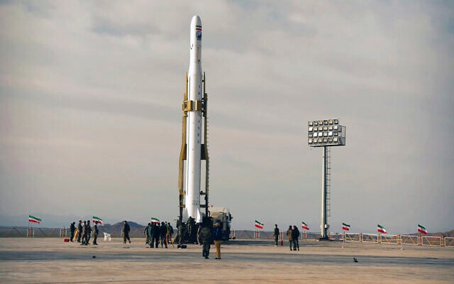 Illustrative: An Iranian rocket carrying a satellite is prepared for launch from an undisclosed site believed to be in Iran's Semnan province, in this image released on April 22, 2020. (Sepahnews via AP) Illustrative: An Iranian rocket carrying a satellite is prepared for launch from an undisclosed site believed to be in Iran's Semnan province, in this image released on April 22, 2020. (Sepahnews via AP)