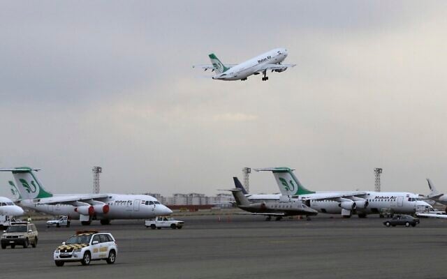 A Mahan Air passenger plane takes off from Mehrabad Airport in Tehran, Iran, Febuary 7, 2016. (AP/Vahid Salemi, File) A Mahan Air passenger plane takes off from Mehrabad Airport in Tehran, Iran, Febuary 7, 2016. (AP/Vahid Salemi, File)