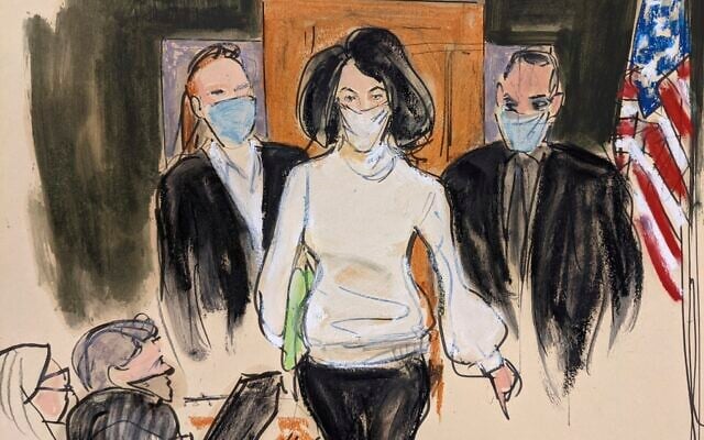 In this courtroom sketch, Ghislaine Maxwell enters the courtroom escorted by US Marshalls at the start of her trial, November 29, 2021, in New York. (AP Photo/Elizabeth Williams) In this courtroom sketch, Ghislaine Maxwell enters the courtroom escorted by US Marshalls at the start of her trial, November 29, 2021, in New York. (AP Photo/Elizabeth Williams)