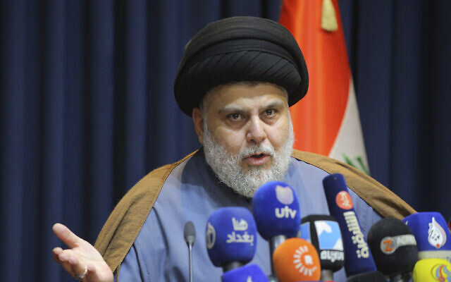 Populist Shiite cleric Muqtada al-Sadr speaks during a press conference in Najaf, Iraq, Nov. 18, 2021. (AP Photo/Anmar Khalil, File) Populist Shiite cleric Muqtada al-Sadr speaks during a press conference in Najaf, Iraq, Nov. 18, 2021. (AP Photo/Anmar Khalil, File)