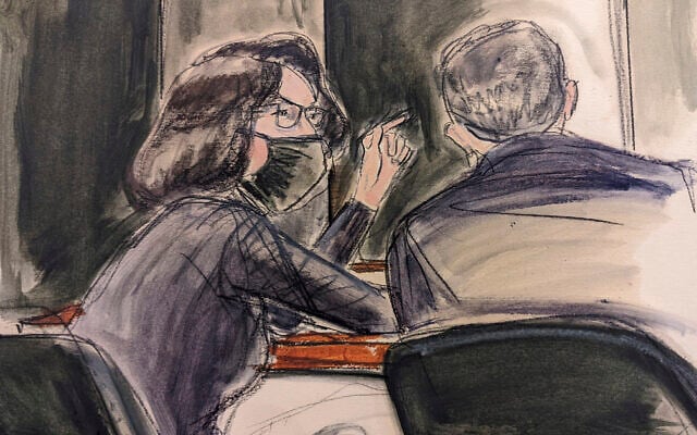 In this sketch, Ghislaine Maxwell, seated left speaks to her defense attorney Christian Everdell prior to the testimony of 'Kate,' during the trial of Ghislaine Maxwell, December 6, 2021, in New York. (Elizabeth Williams via AP) In this sketch, Ghislaine Maxwell, seated left speaks to her defense attorney Christian Everdell prior to the testimony of 'Kate,' during the trial of Ghislaine Maxwell, December 6, 2021, in New York. (Elizabeth Williams via AP)