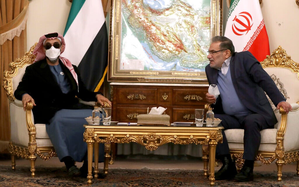 Secretary of Iran's Supreme National Security Council Ali Shamkhani, right, speaks with United Arab Emirates' top national security adviser Sheikh Tahnoon bin Zayed Al Nahyan during their meeting in Tehran, Iran, Dec. 6, 2021. (Vahid Salemi/AP) Secretary of Iran's Supreme National Security Council Ali Shamkhani, right, speaks with United Arab Emirates' top national security adviser Sheikh Tahnoon bin Zayed Al Nahyan during their meeting in Tehran, Iran, Dec. 6, 2021. (Vahid Salemi/AP)