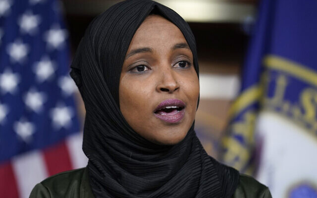 Rep. Ilhan Omar, Democrat of Minnesota, speaks to reporters in the wake of anti-Islamic comments made by Rep. Lauren Boebert, Republican of Colorado, who likened Omar to a bomb-carrying terrorist, during a news conference at the Capitol in Washington, Nov. 30, 2021. (J. Scott Applewhite/AP) Rep. Ilhan Omar, Democrat of Minnesota, speaks to reporters in the wake of anti-Islamic comments made by Rep. Lauren Boebert, Republican of Colorado, who likened Omar to a bomb-carrying terrorist, during a news conference at the Capitol in Washington, Nov. 30, 2021. (J. Scott Applewhite/AP)