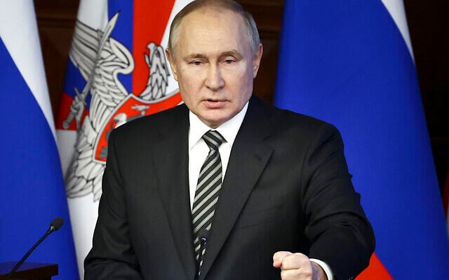 Russian President Vladimir Putin addresses an extended meeting of the Russian Defense Ministry Board at the National Defense Control Center in Moscow, Russia, December 21, 2021. (Mikhail Tereshchenko, Sputnik, Kremlin Pool Photo via AP) Russian President Vladimir Putin addresses an extended meeting of the Russian Defense Ministry Board at the National Defense Control Center in Moscow, Russia, December 21, 2021. (Mikhail Tereshchenko, Sputnik, Kremlin Pool Photo via AP)