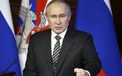 Russian President Vladimir Putin addresses an extended meeting of the Russian Defense Ministry Board at the National Defense Control Center in Moscow, Russia, on December 21, 2021. (Mikhail Tereshchenko, Sputnik, Kremlin Pool Photo via AP, File)