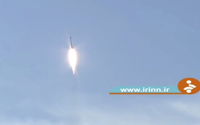 Image taken from footage aired by Iranian state television shows a rocket that Iran announced it launched on Thursday, Dec. 30, 2021. (Iranian state television via AP) Image taken from footage aired by Iranian state television shows a rocket that Iran announced it launched on Thursday, Dec. 30, 2021. (Iranian state television via AP)