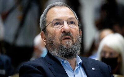 Former Israeli prime minister Ehud Barak attends a memorial ceremony to commemorate the 26th anniversary of Yitzchak Rabin's assassination, at the President's Residence in Jerusalem, October 18, 2021. (Yonatan Sindel/Flash90)