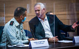 IDF Chief of Staff Aviv Kohavi, left, and Defense Minister Benny Gantz attend a Defense and Foreign Affairs Committee meeting at the Knesset, on October 19, 2021. (Yonatan Sindel/Flash90)