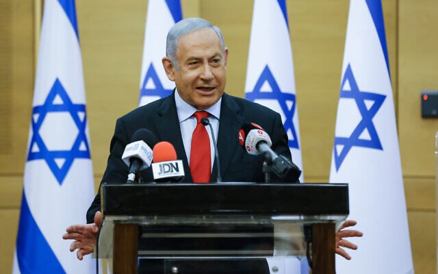 Opposition Leader Benjamin Netanyahu heads a Likud faction meeting at the Knesset on November 15, 2021. (Olivier Fitoussi/Flash90) Opposition Leader Benjamin Netanyahu heads a Likud faction meeting at the Knesset on November 15, 2021. (Olivier Fitoussi/Flash90)