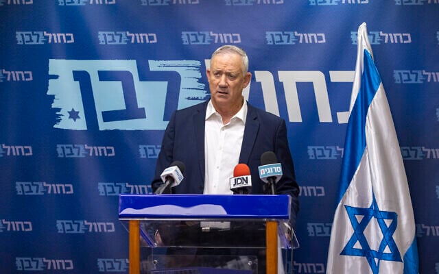 Defense Benny Gantz leads a faction meeting of his Blue and White party at the Knesset, on December 6, 2021. (Olivier Fitoussi/Flash90) Defense Benny Gantz leads a faction meeting of his Blue and White party at the Knesset, on December 6, 2021. (Olivier Fitoussi/Flash90)