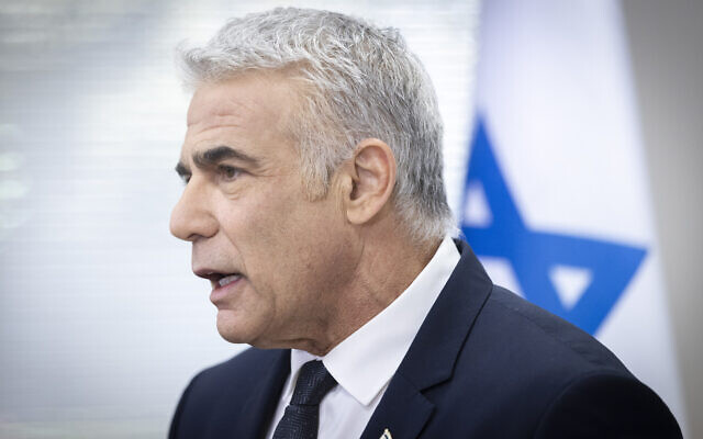Foreign Minister Yair Lapid speaks during a Yesh Atid faction meeting at the Knesset on December 6, 2021. (Oliver Fitoussi/Flash90) Foreign Minister Yair Lapid speaks during a Yesh Atid faction meeting at the Knesset on December 6, 2021. (Oliver Fitoussi/Flash90)