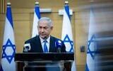Former prime minister Benjamin Netanyahu during a Likud party meeting at the Knesset, the Israeli parliament in Jerusalem on December 13, 2021. (Yonatan Sindel/Flash90)