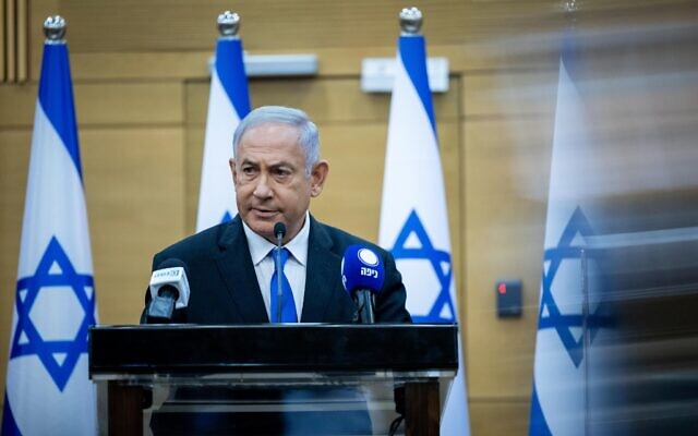 Former prime minister Benjamin Netanyahu during a Likud party meeting at the Knesset, the Israeli parliament in Jerusalem on December 13, 2021. (Yonatan Sindel/Flash90) Former prime minister Benjamin Netanyahu during a Likud party meeting at the Knesset, the Israeli parliament in Jerusalem on December 13, 2021. (Yonatan Sindel/Flash90)