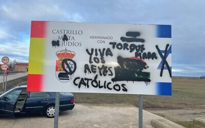 A sign in Castilla Mota de Judios was defaced with graffiti restoring the town's name from 1627 to 2015, which translates to Fort Kill the Jews. (Courtesy Lorenzo Gutierrez via JTA) A sign in Castilla Mota de Judios was defaced with graffiti restoring the town's name from 1627 to 2015, which translates to Fort Kill the Jews. (Courtesy Lorenzo Gutierrez via JTA)