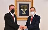 US National Security Adviser Jake Sullivan (L) meets with President Isaac Herzog in Jerusalem on December 21, 2021 (Haim Zach/GPO)