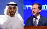 Composite image shows Sheikh Mohammed bin Zayed Al Nahyan, left, and President Isaac Herzog, right. (Markus Schreiber/AP, Avshalom Sassoni/Flash90)