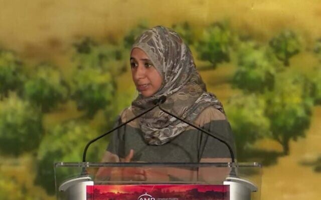 Zahra Billoo delivers a speech on November 27, 2021. (Screenshot/YouTube) Zahra Billoo delivers a speech on November 27, 2021. (Screenshot/YouTube)