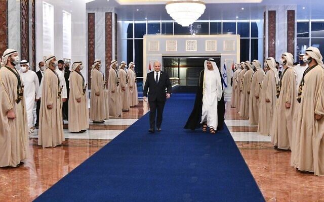 Prime Minister Naftali Bennett walks with UAE Foreign Minister Abdullah bin Zayed in Abu Dhabi on December 12, 2021. (Haim Zach/GPO) Prime Minister Naftali Bennett walks with UAE Foreign Minister Abdullah bin Zayed in Abu Dhabi on December 12, 2021. (Haim Zach/GPO)