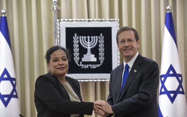 Non-Resident Ambassador of the Republic of Nauru Margo Deiye presents her credentials to President Isaac Herzog in Jerusalem, on December 16, 2021. (Kobi Gideon/GPO) Non-Resident Ambassador of the Republic of Nauru Margo Deiye presents her credentials to President Isaac Herzog in Jerusalem, on December 16, 2021. (Kobi Gideon/GPO)