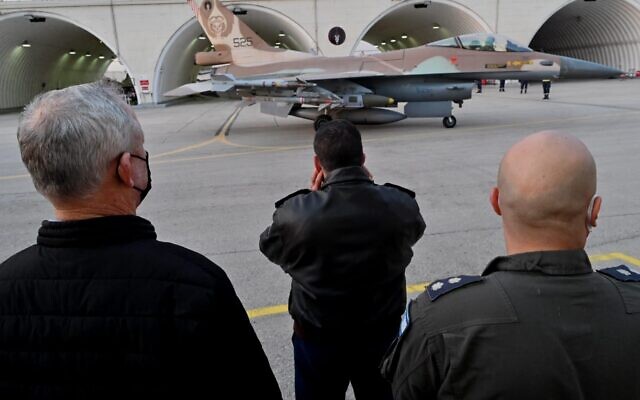 Defense Minister Benny Gantz (left) at the Ramat David Air Base, which is home to a number of F-16 fighter jet squadrons, on December 28, 2021. (Ariel Hermoni/Defense Ministry) Defense Minister Benny Gantz (left) at the Ramat David Air Base, which is home to a number of F-16 fighter jet squadrons, on December 28, 2021. (Ariel Hermoni/Defense Ministry)