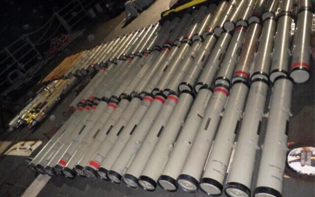 Iranian anti-tank missiles seized by the US Navy from a shipment heading to Houthi rebels in Yemen, February 9, 2020. Iranian anti-tank missiles seized by the US Navy from a shipment heading to Houthi rebels in Yemen, February 9, 2020.