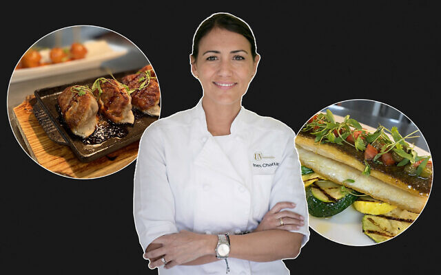 Ines Chattas, the new culinary director at UN Plaza Grill in Manhattan, with some of the dishes she has added to spice up the menu: beef potstickers (left) and crispy seared branzino. (Courtesy/ via JTA)
