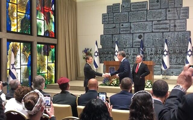US Ambassador to Israel Tom Nides (right) presents his credentials to President Isaac Herzog in Jerusalem on December 5, 2021. (Lazar Berman) US Ambassador to Israel Tom Nides (right) presents his credentials to President Isaac Herzog in Jerusalem on December 5, 2021. (Lazar Berman)