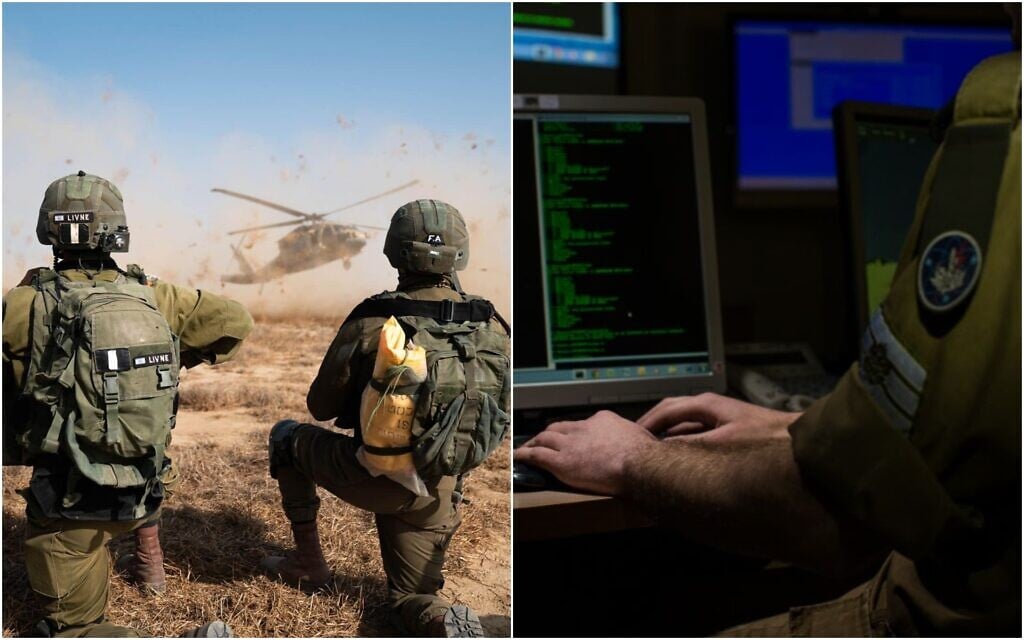 Left: IDF combat soldiers take part in a drill in December 2021; Right: An IDF soldier from the C4I Corps types on a computer. (Israel Defense Forces) Left: IDF combat soldiers take part in a drill in December 2021; Right: An IDF soldier from the C4I Corps types on a computer. (Israel Defense Forces)