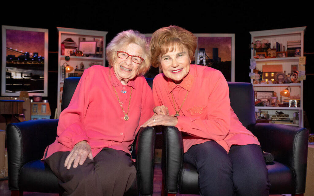 Dr. Ruth Westheimer and Tovah Feldshuh, on the set of ‘Becoming Dr. Ruth,’ at the Museum of Jewish Heritage in New York City, December 8, 2021. (Courtesy Josh Halpern)