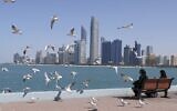 Seagulls fly across Abu Dhabi's corniche in the Emirati capital, on January 24, 2022. (Karim Sahib/AFP)